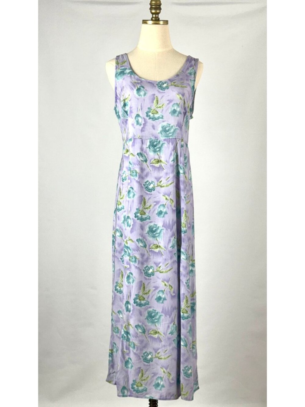 Vtg 90s Floral Rayon Maxi Sun Dress Lavender Sleeveless Watercolor Relaxed Fit